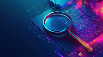 Wall Mural - vibrant depiction of glowing magnifying glass over digital data