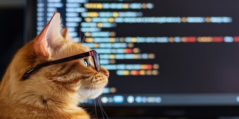 Ginger cat wearing glasses coding on a computer with code background