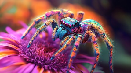 Fluffy and colorful spider with intricate patterns on its body perched on a vibrant flower