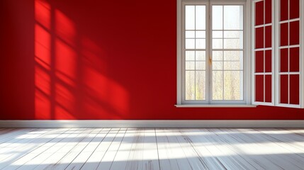 Wall Mural - Empty Red Room with Sunlight and White Wooden Floor