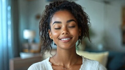 Leinwandbilder - A cheerful young woman with curly hair stands in a stylish living room, showcasing her bright smile and relaxed attitude in a cozy setting.