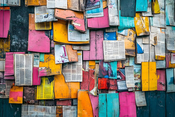 Wall Mural - colorful grunge background composed of vibrant newspaper and magazine clippings layered with graffit