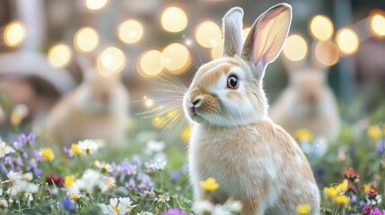 Sticker - Charming rabbits dancing through vibrant wildflower fields at dusk, illuminated by softly twinkling fairy lights for a magical ambiance.