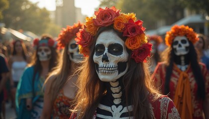 Wall Mural - Day of the Dead celebration with people in skull makeup. Concept of traditional Mexican culture and festival.