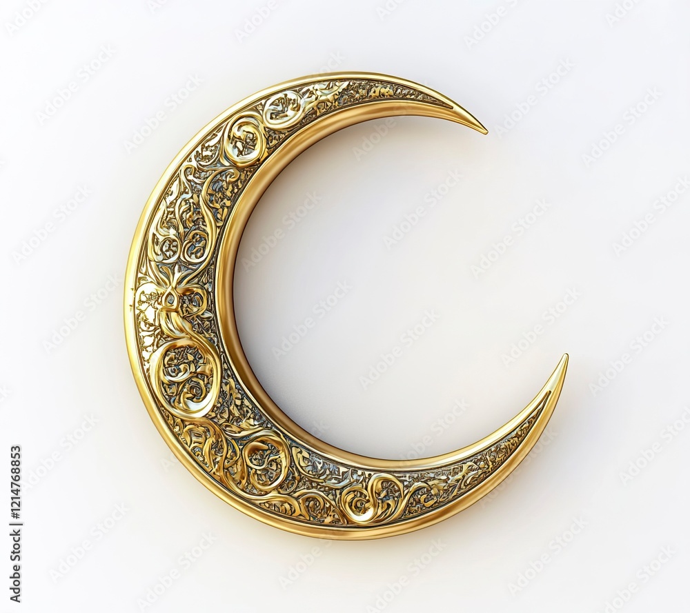 3D rendering of a golden crescent moon with an Islamic pattern in the ...
