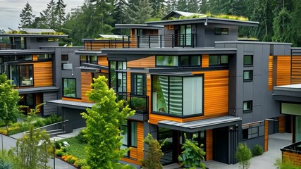 Poster - Modern architectural designs showcase eco-friendly houses with large windows and vibrant wooden exteriors. Lush trees and plants enhance the atmosphere, creating a peaceful setting.