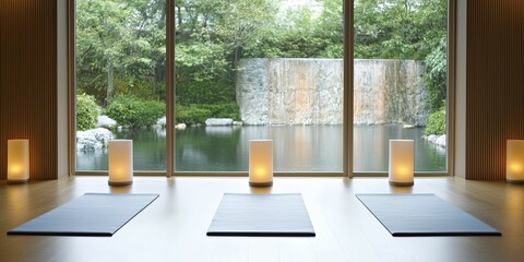 Poster - Dreamy wellness retreats in serene nature settings with yoga mats, soft lighting, and tranquil water features creating peaceful ambiance.