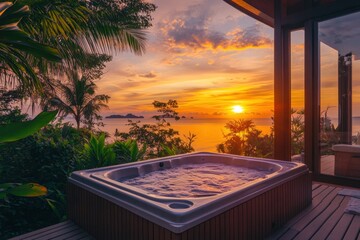 Wall Mural - Relaxing in a hot tub during a vibrant sunset overlooking the ocean