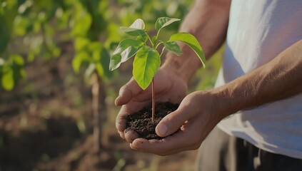 Wall Mural - Farmer planting sapling in orchard, sunset