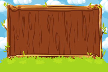 Wall Mural - Wooden board for game UI. Background or screen for your game development. Blue sky and wooden board on green grass