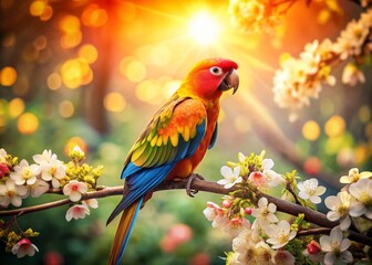 Wall Mural - Vintage Photo: Cute Parrot on Flowered Tree in Forest