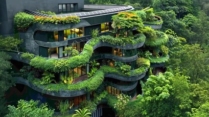 Poster - This design showcases an innovative eco house adorned with diverse plants cascading down its curves. Located in a lush environment, it promotes sustainable living while blending with nature.