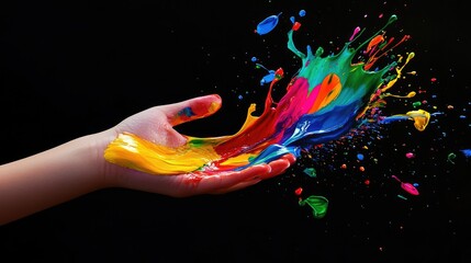 Wall Mural - a child's hand splashing vibrant paint onto a blank canvas, symbolizing creativity and play