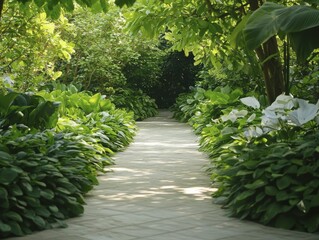 Poster - Nature walk path lush greenery gentle sunlight soft shadows serene atmosphere