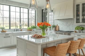 Wall Mural - White modern kitchen interior, with kitchen island decorated elegantly for Easter with Easter eggs and spring flowers on the counter top