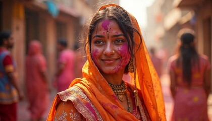 Wall Mural - Beautiful Indian woman celebrating Holi festival of colors. Concept of tradition, culture, and celebration.