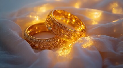 Wall Mural - a collection of gold bangles and necklaces arranged artistically on a white fabric, glowing under di