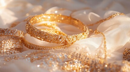 Wall Mural - a collection of gold bangles and necklaces arranged artistically on a white fabric, glowing under di