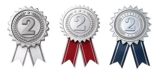 Fototapete - Set of three silver badge medals for the second prize winners, on a transparent background with a clipping path. 