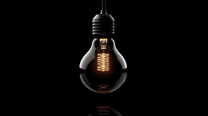 Wall Mural - Suspended bulb glowing in soft warm light with unlit bulbs placed around on a reflective black background