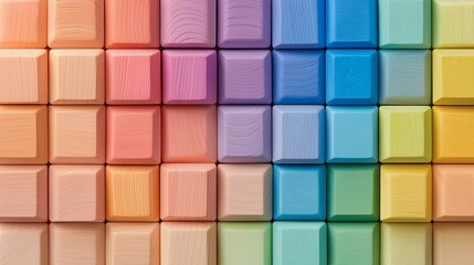 Poster - Visually captivating arrangement of colorful geometric wooden blocks transitioning smoothly from warm to cool tones  showcasing a modern