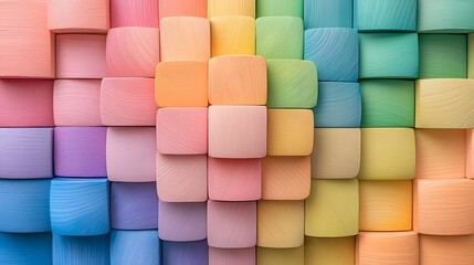 Poster - Vibrant Concentric Wooden Geometric Shapes Radiating Outward Symbolizing Harmony and Inclusivity  Colorful abstract pattern of intersecting cubes rectangles and polygons in a modern minimalist design