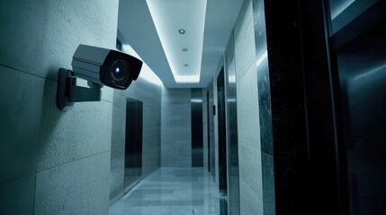Wall Mural - a high-tech cctv camera mounted in the corner of a building hallway, with modern interior design in 