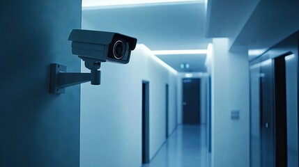 Wall Mural - a high-tech cctv camera mounted in the corner of a building hallway, with modern interior design in 