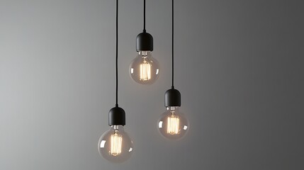 Wall Mural - bright light bulb suspended from a black wire surrounded by dimmed bulbs on a reflective gray backgr