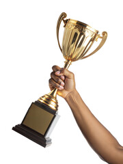 Fototapete - holding up a gold trophy cup, victory or success concept. on a transparent background with a clipping path
