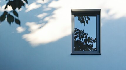 Wall Mural - a minimalistic window with a metal visor, casting long, angular shadows on the clean, white wall dur