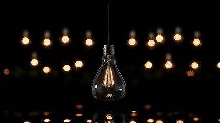 Wall Mural - Warm light bulb hanging in focus surrounded by unlit bulbs scattered on a sleek black background