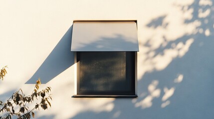 Wall Mural - a minimalistic window with a metal visor, casting long, angular shadows on the clean, white wall dur
