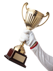 Fototapete - white gloved hand holding a golden trophy cup, victory or success concept. on a transparent background with a clipping path