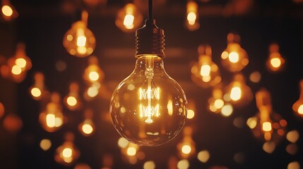 Wall Mural - Warm light bulb hanging in focus surrounded by unlit bulbs scattered on a sleek black background