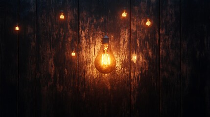 Canvas Print - Hanging bulb glowing warmly with dimmed bulbs resting around on a textured wooden surface