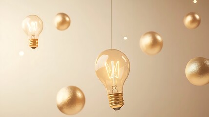 Wall Mural - bright light bulb emitting golden light with unlit bulbs scattered around on a matte neutral backgro