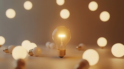 Wall Mural - bright light bulb emitting golden light with unlit bulbs scattered around on a matte neutral backgro