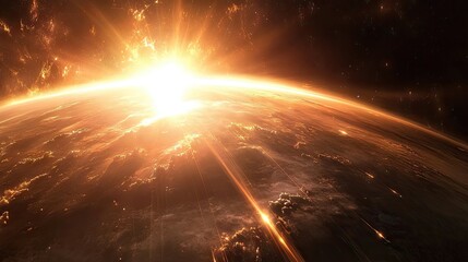 Wall Mural - a radiant lens flare bursting from the horizon, blending with warm cosmic tones and subtle light str