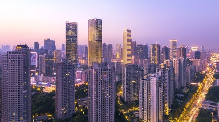  Twilight Illumination: Aerial Shot of Urban Skyscrapers Aglow with Vibrant Lights and Neon Signs