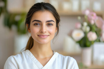 Wall Mural - young indian woman standing at beauty salon reception desk