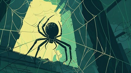 Spider in Spiderweb Flat Vector Illustration