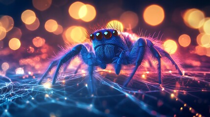 Wall Mural - Cute fluffy spider with bold colors crawling across a web surrounded by glowing light