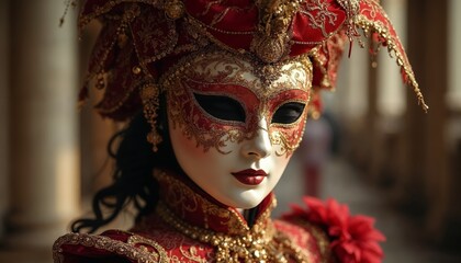 Wall Mural - Woman in a red and gold  mask. Concept of mystery, masquerade, and carnival.