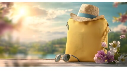 Poster - Vibrant yellow travel bag straw hat and sunglasses basking in the warm golden morning sunlight on a peaceful wooden deck evoking the carefree spirit of summer adventure and