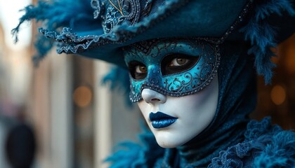 Wall Mural - Woman in blue mask and hat at a carnival. Concept of mystery, masquerade, and celebration.