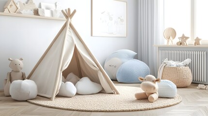 Aufkleber - Cozy and Minimalist Nursery Design Featuring a Soft Tent Plush Blanket and Adorable Toys Arranged on a Warm Parquet Floor Bathed in Gentle Natural Lighting for a Serene and Inviting Atmosphere