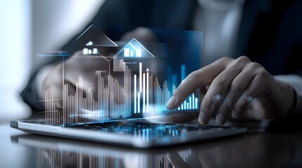 Aufkleber - Businessman Utilizing Advanced Digital Real Estate Investment Platform with Analytical UI to Identify Profitable Commercial Property Opportunities and Make Informed Investment Decisions