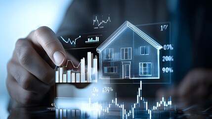 Aufkleber - Futuristic digital screen displaying a real estate investment dashboard with comprehensive market analysis charts financial growth indicators and data visualization tools for investors brokers