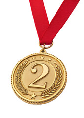 Fototapete - Gold Medal for second prize winner with red ribbon, 2nd. isolated on transparent background with a clipping path